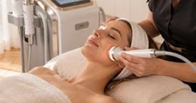 Soin du visage réalisé avec un appareil esthétique professionnel dans un institut à Lausanne.
